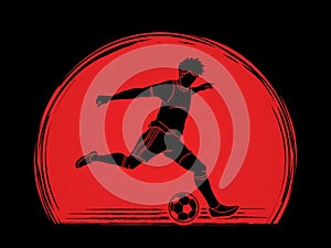 Soccer player running and kicking a ball action graphic vector