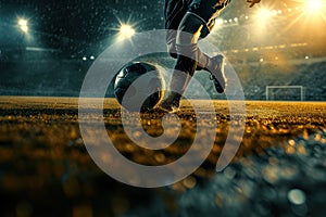 Soccer player running at night, stadium lights , dynamic ground splash, intense match moment