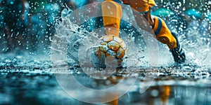 A soccer player is running through a puddle of water with a yellow