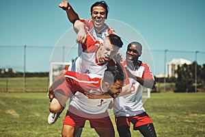 Soccer player, soccer and soccer field, winner and team, diversity and celebrate goal, athlete happy and sports win