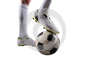 Soccer player with soccerball ready to play. Isolated on white background