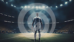 Soccer player standing on stadium entrance. Back of a football player is walking to the football pitch.