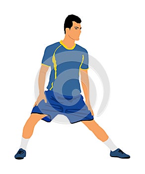 Soccer player stretching vector illustration isolated on white background. High detailed football player silhouette cutout outline