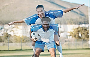Soccer player, support or team in celebration for goal, victory or success on a field in sports game together. Black man