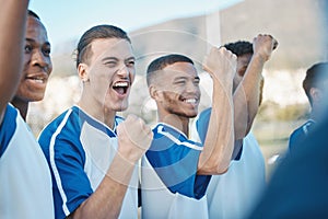 Soccer player, victory or excited team in celebration for goal or success on a field in sports game together. Winners
