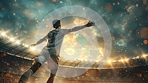 Soccer player in white uniform celebrates a goal on a soccer stadium, holding hands above his head and screaming