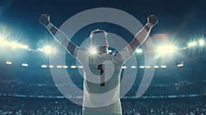 Soccer player in white uniform celebrates a goal on a soccer stadium, holding hands above his head and screaming