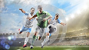 Soccer players in action on the day grand stadium background panorama