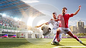 Soccer players in action on the day grand stadium background panorama