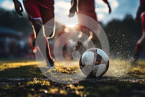 Soccer players in action on the sunset stadium background panorama