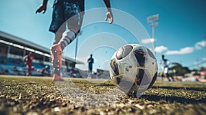 Soccer players in action on the sunset stadium background panorama