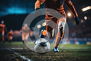 Soccer players in action on the sunset stadium background panorama