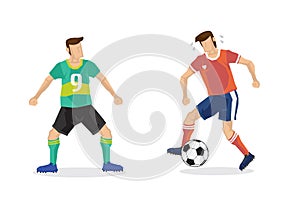Soccer players in duel dribble on football ground