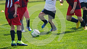 Soccer Players in a Duel on Grass Running After Soccer ball