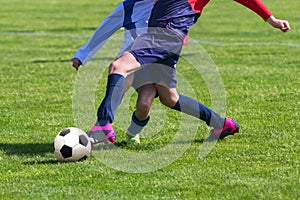 Soccer Players in a Duel on Grass Running After Soccer ball