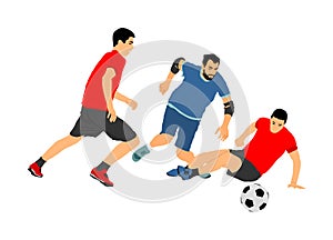 Soccer players in duel vector illustration isolated on white background. Football player battle for the ball and position.