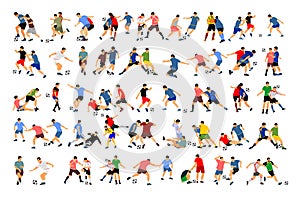 Soccer players in duel vector illustration isolated on white background. Football player battle for the ball and position.