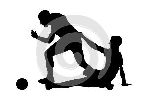 Soccer players in duel vector silhouettes. Foul situation. Unsportsmanlike start. Red card. Penalty.