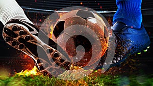 Soccer players with fiery soccerball during the match