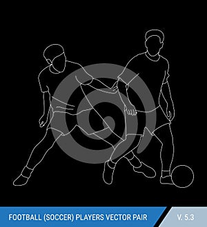 The soccer players fighting for the ball. Outline silhouettes, vector illustration. Football players in action.