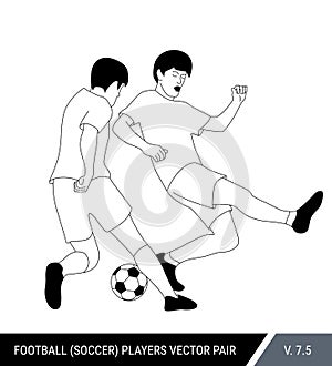 The soccer players fighting for the ball. Vector illustration. Football players in action. Outline silhouettes, vector