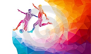 Soccer players. Footballers kicks the ball in trendy abstract colorful polygon style with rainbow back