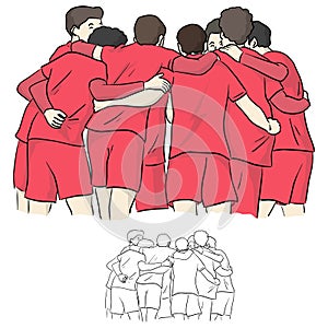 Soccer players hugging while celebrate goal in a match vector illustration sketch doodle hand drawn with black lines isolated on