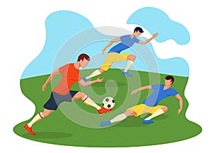 Soccer Players Kicking Ball. Football players play to football. Green grass and blue sky.