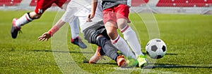 Soccer players kicking ball on the green field