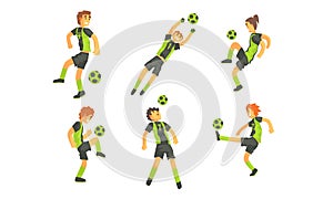 Soccer Players Kicking Ball Set, Professional Athlete Characters Showing Different Actions Vector Illustration