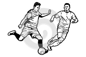 Soccer players kicking ball - vector illustration - Out line