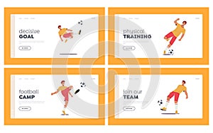 Soccer Players Landing Page Template Set. Football Tournament Teams Wear Uniform Playing Game, Sportsmen Male Characters