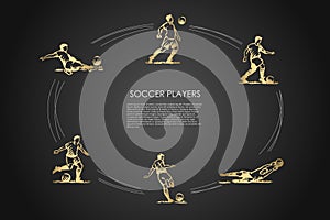 Soccer players - male sportsmen in traditional clothing in different poses with soccer ball vector concept set