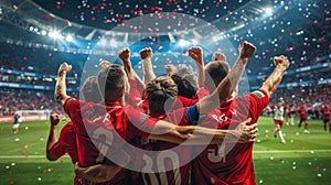 Soccer players in red uniforms celebrating amidst confetti at a crowded stadium