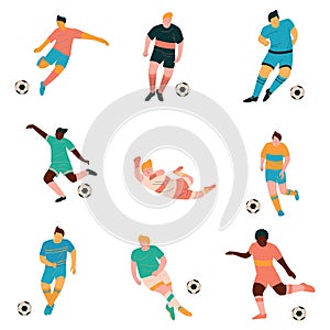 Soccer Players Set, Male Footballer Characters in Sports Uniform Playing in Different Positions Vector Illustration