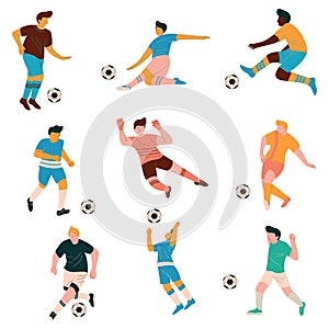 Soccer Players Set, Male Footballer Characters in Sports Uniform Playing Soccer in Different Positions Vector