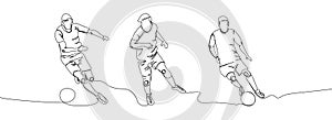 Soccer players set one line art. Continuous line drawing game, sport, football, activity, ball, training, running