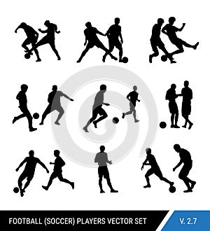Soccer players silhouettes vector set. Different poses of players, football players in motion.