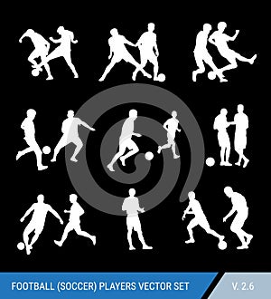 Soccer players silhouettes vector set. Different poses of players, football players in motion.