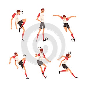 Soccer players in uniform in different action poses set. Male athletes jumping, running and kicking ball cartoon vector