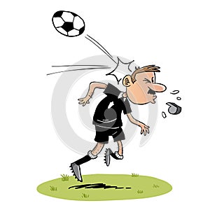 Soccer referee getting hit with the ball in the head