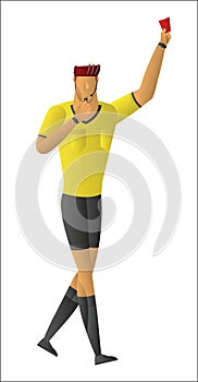 Soccer referee showing red card.