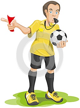 Soccer referee whistles and shows red card.