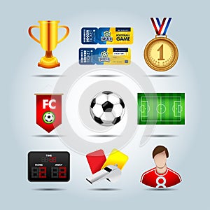 Soccer set of 3d icons with field, ball, trophy, flag banner, medal, scoreboard, whistle, ticket, fottball player vector