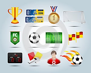 Soccer set of 3d icons with field, soccer ball, soccer ball in fire, trophy, corner flag, flag banner, medal, scoreboard, whistle,