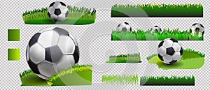 Soccer set. Vector banner of soccer ball on green grass, and soccer ball isolated on white background. soccer ball on