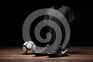 Soccer shirt and shoes on wooden bench - Ai Generated