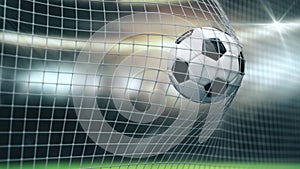 Soccer Slow Motion Ball flight into Goal Net. 3d rendering Close up success Sport Concept. Fans on Stadium taking