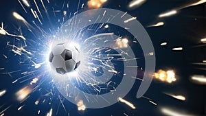 Soccer. Soccer ball. Soccer background with fire sparks in action on the black