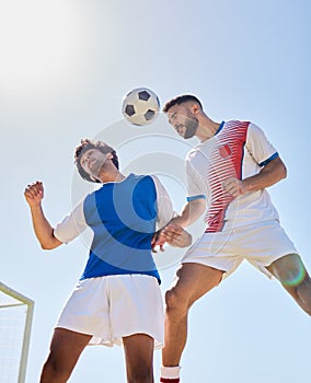 Soccer, sport and fitness, men with soccer ball playing match, rival and jump on sports field outdoor. Soccer player